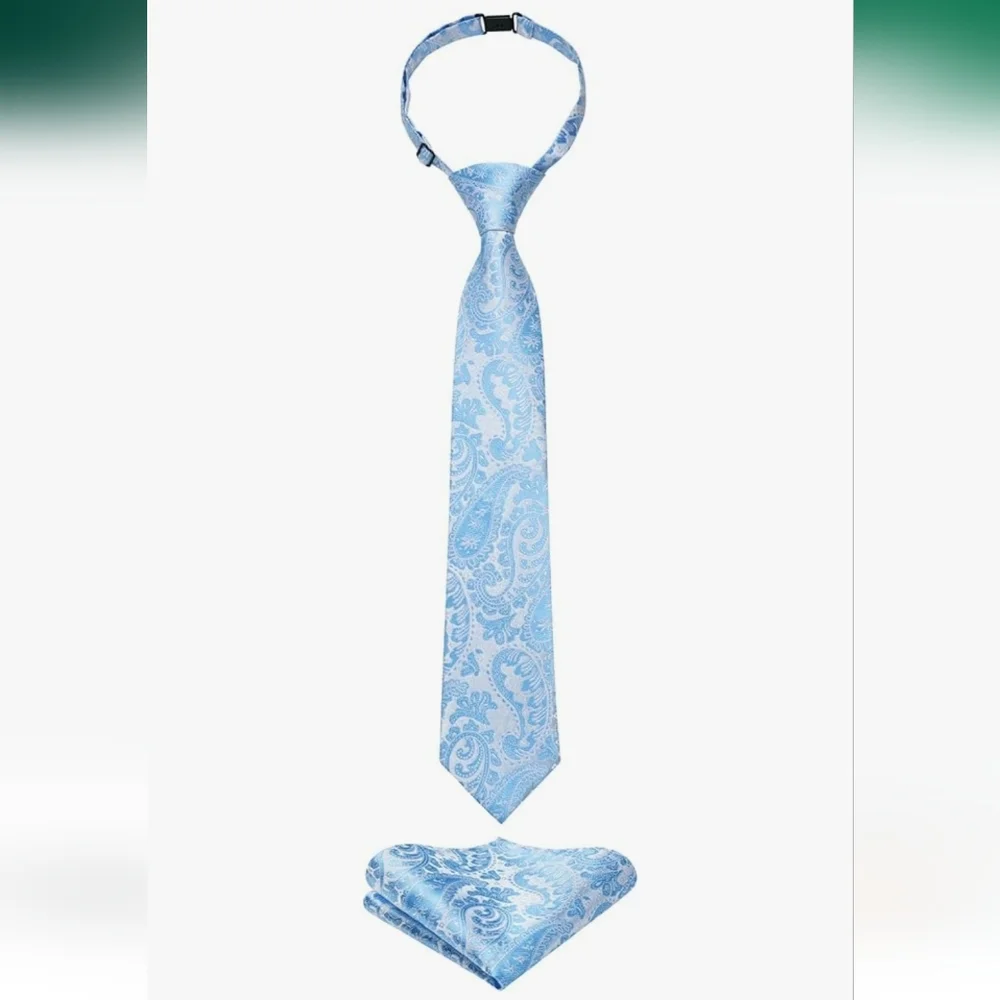 Boys Light Blue Paisley Pre-Tied Necktie Pocket Square Set Adjustable Ages 8-12